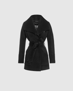 Black wool coat with belt and wide collar.