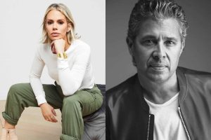 Two people, one in color, one in black and white.